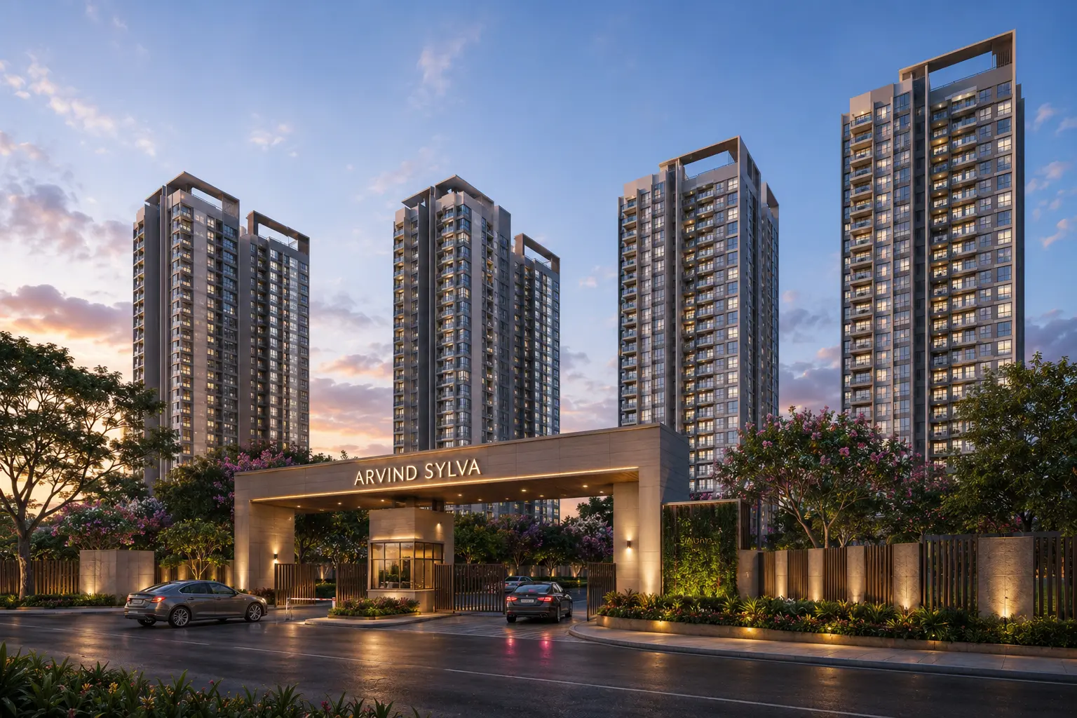 Arvind Sylva entrance and apartment towers — project illustration